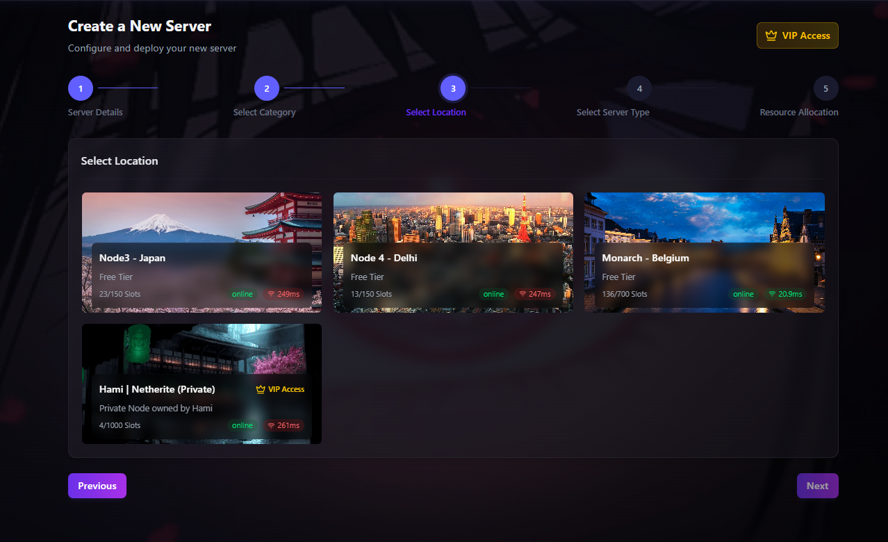 Server location selection screen showing VIP Access and a private node